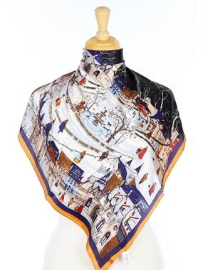 One hundred percent silk scarf winter town scene unique